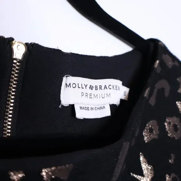 MOLLY BRACKEN Black Leopard Print Mini Dress Metallic Rose Gold Lined Women's S - Picture 9 of 11